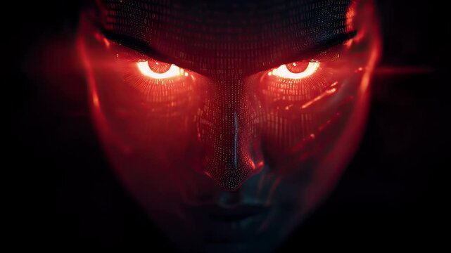 Futuristic close-up of a digital face with glowing eyes, surrounded by a matrix of binary code