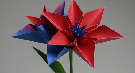Stunning Origami Flower: Red and Blue Paper Blooms in Artistic Display
