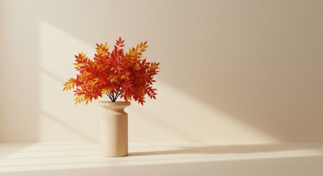 Minimalist cream tone room decor with wooden pedestal vase and autumn leaves