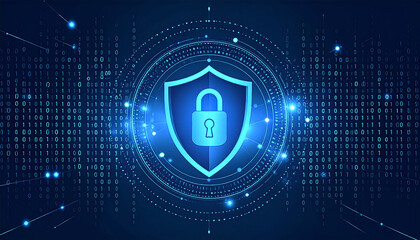 Binary code security sheild lock on blue technology background