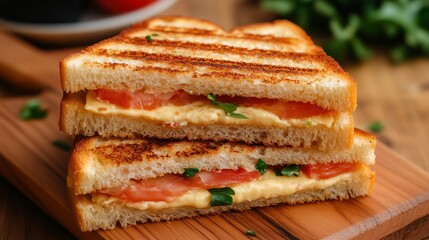 A stack of delicious toasts with a filling of cheese and fresh tomatoes decorated with herbs, fried until golden crust. Suitable for those related to cooking, breakfast, healthy food and home food.