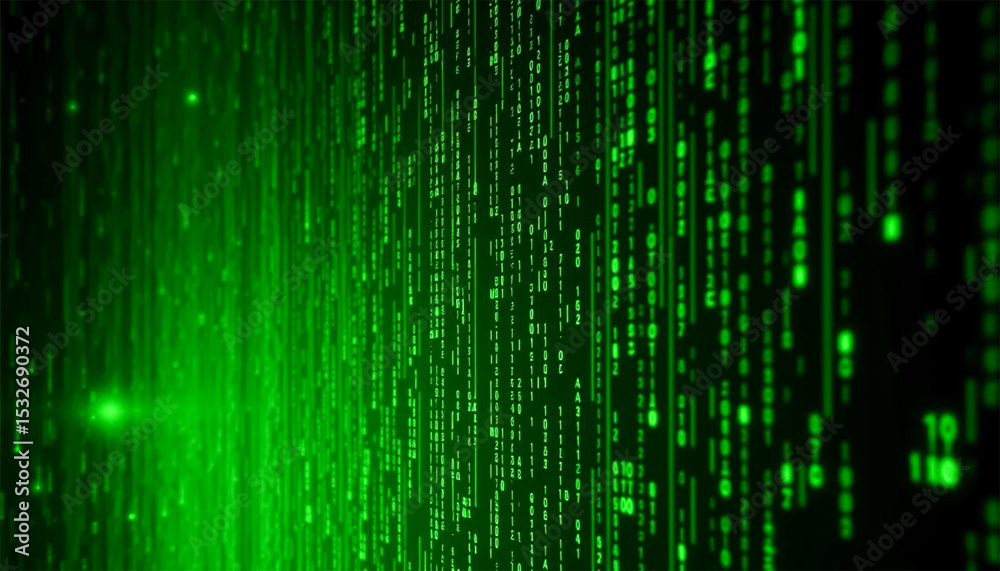 Wall mural green digital code rain in a matrix futuristic style or green binary code