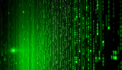 Green digital binary code rain in a Matrix futuristic style or Green binary code