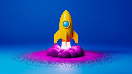 Yellow rocket launching with colorful smoke cloud in futuristic 3d illustration
