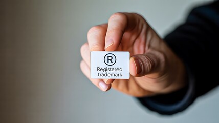 Hand holding registered trademark label representing brand identity protection
