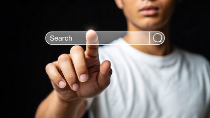 Man touching virtual search bar on black background representing online browsing
