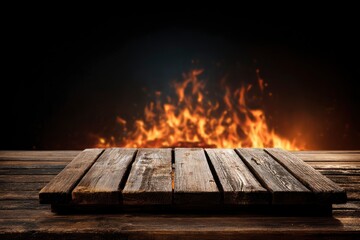 Wooden planks form a platform atop a table against a blurred backdrop of flames