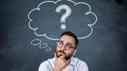 Thoughtful man looking up at chalkboard question mark with thinking cloud
