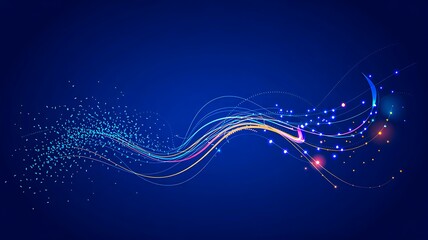 Colorful abstract data stream wave with light particles on blue technology background
