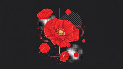 Stylized red poppy flowers with abstract shapes on dark background illustration

