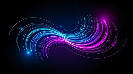 Colorful abstract swirl of glowing blue and pink light lines on dark background
