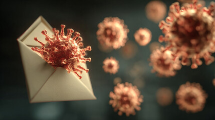 A close up of coronavirus particles emerging from an envelope on a dark background in a studio shot