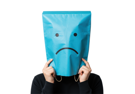 Isolated Person Holding Blue Paper Bag with Sad Face
