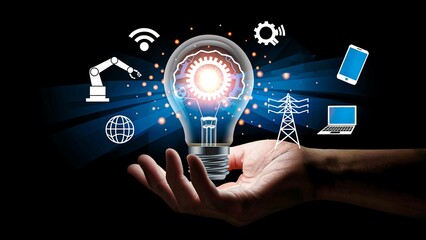 Innovation concept with glowing lightbulb in hand surrounded by technology icons
