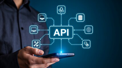 API integration concept with smartphone and connected digital service icons
