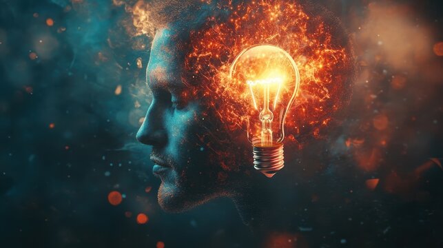 Innovative conceptual art of male profile with fiery lightbulb symbolizing creativity