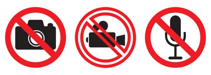 No Photographing prohibition sign symbol icon. Video, photo, phone, prohibited logo pictogram. Vector illustration. No sound. 