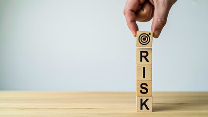 Hand placing wooden block spelling risk with target icon representing decision making
