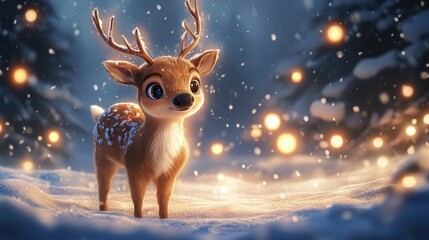Fototapeta premium Cute cartoon reindeer in snowy winter forest with glowing lights