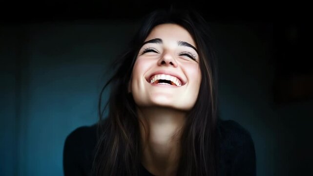 Smiling young caucasian woman looking upward in dark setting