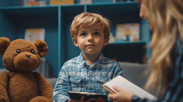 Young caucasian boy with teddy bear listening to female adult in cozy room - Powered by Adobe