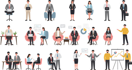 Business people working in office, discussing, presenting data, using laptops, team collaboration, professionals working together, modern corporate environment, team meetings, flat vector illustration