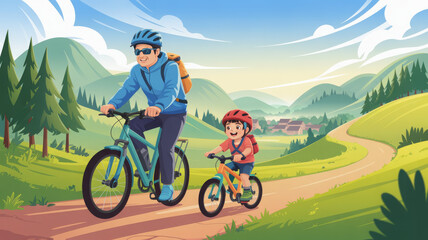 Naklejka premium Dad and Son Mountain Biking Adventure Illustration: Cheerful father and young son ride bikes on a scenic mountain trail surrounded by hills and forest, perfect for family outdoor and adventure design 