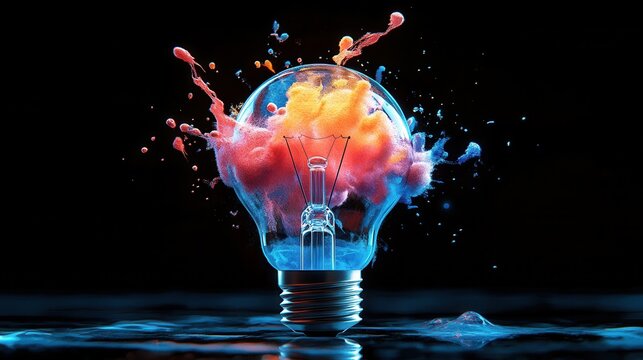 Vibrant paint exploding inside light bulb on black background