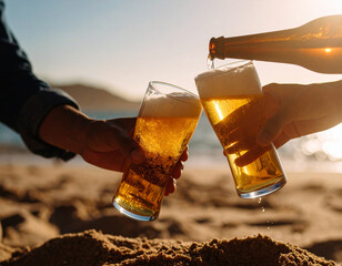 Cheers of beer by the sea at sunset