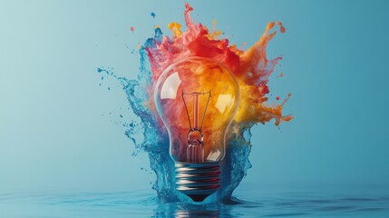 Creative light bulb explosion with vibrant paint splash on blue background