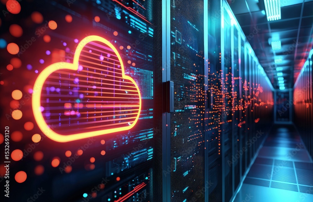 Poster High-tech data center hallway with glowing orange cloud icon and floating particles, representing cloud infrastructure, secure digital storage, and futuristic computing systems