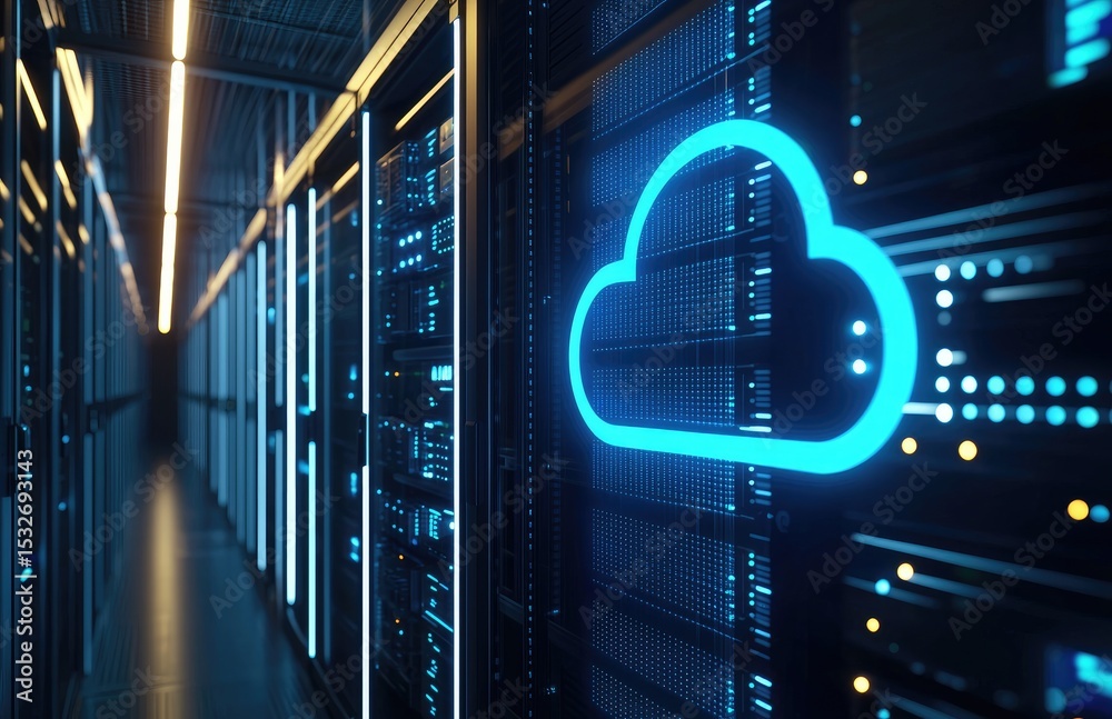 Poster 3D render of modern data center corridor with glowing blue cloud icon on server racks, representing cloud computing, storage, and futuristic IT infrastructure systems