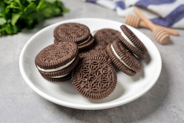sandwich cookies with white cream in white plate