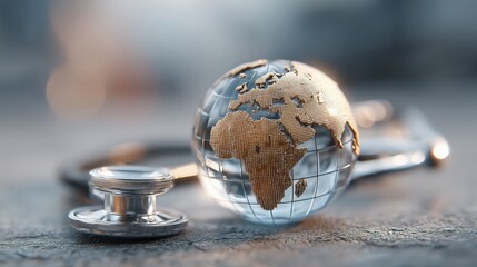 Stethoscope rests beside a glass globe highlighting Africa, symbolizing global health during early morning hours