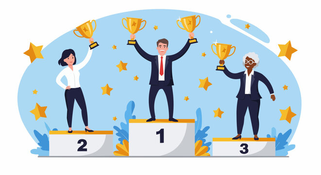 Successful businessmen and their teams celebrate financial achievements, recognizing their global efforts and strategic management