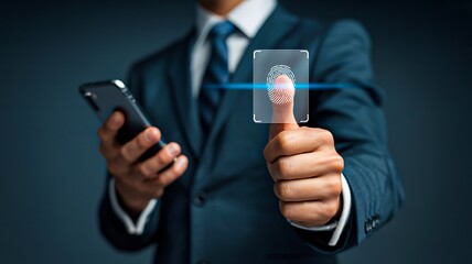 Businessman using fingerprint scanning technology for digital security and mobile authentication
