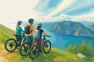 Fototapeta premium Scenic Mountain Biking Adventure with Family Overlooking Lake View