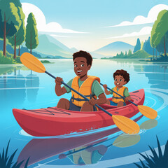 Father and son in life jackets kayaking on a scenic lake — great for summer designs, family bonding art, or adventure decor