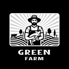 A farmer holding a piglet in his hands against the background of a farm. Logo, emblem on dark background.