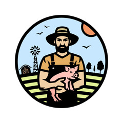 A farmer holding a piglet in his hands against the background of a farm logo, emblem.