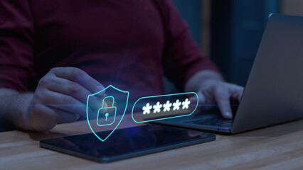 Holographic Password Protection Interface - Cyber security, data security, encryption concept.