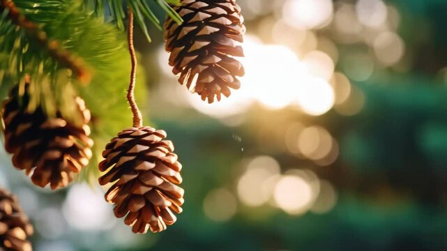 Close-up view of pinecones hanging from evergreen tree branches with warm, inviting sunlight filtering through needles
