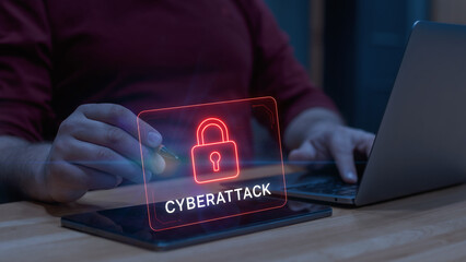 Holographic Cyberattack Warning Interface - Cybersecurity, phising, online fraud concept.