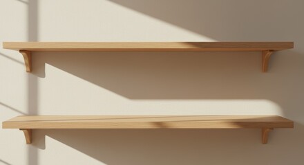Two light wood shelves installed on a cream-colored wall with sunlight shadows creating a minimalist aesthetic