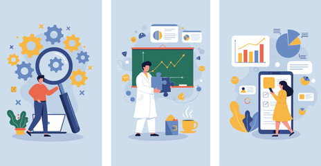 Vector illustration of data analysis, business strategy, problem-solving process, research findings, statistics, technology development, mobile reporting, team work,  flat vector illustration