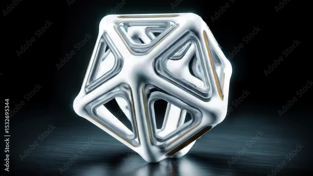 Poster A white and gold polyhedral die with an abstract geometric design, placed on a dark surface with soft lighting, casting subtle shadows. 