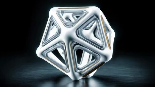 A white and gold polyhedral die with an abstract geometric design, placed on a dark surface with soft lighting, casting subtle shadows. 