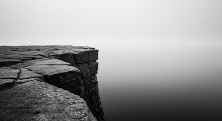 Serene monochrome landscape featuring a rugged cliff edge merging into sea mist
