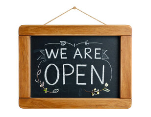 A wooden sign that says "We are open" with a chalkboard background. The sign is hanging on a white background