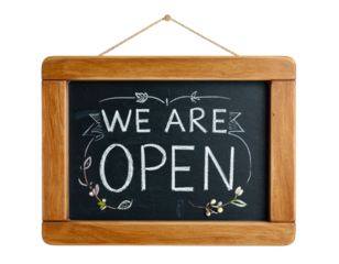 A wooden sign that says "We are open" with a chalkboard background. The sign is hanging on a white background